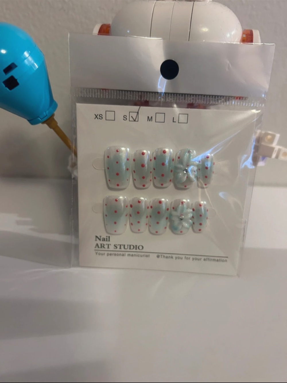 Press-On Nail Set - Light Blue with Pink Dots